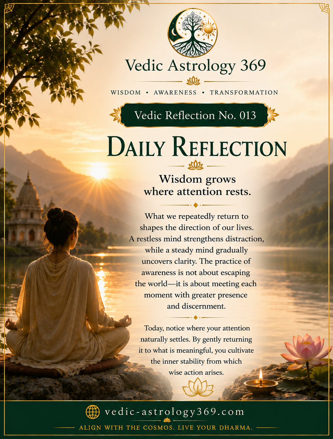 Vedic Reflection No.013 from Vedic Astrology 369, showing a woman meditating beside a tranquil mountain lake at sunrise with a lotus and oil lamp, accompanying a reflection on attention, awareness, presence and discernment.