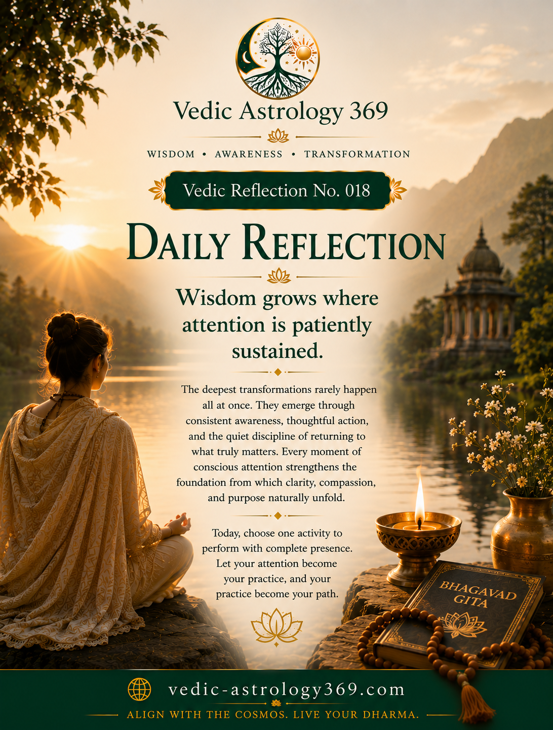 Vedic Reflection No.018 from Vedic Astrology 369, showing a woman in meditation beside a tranquil mountain lake with a temple, glowing oil lamp, Bhagavad Gita and prayer beads, symbolising patient attention, spiritual practice and wisdom.