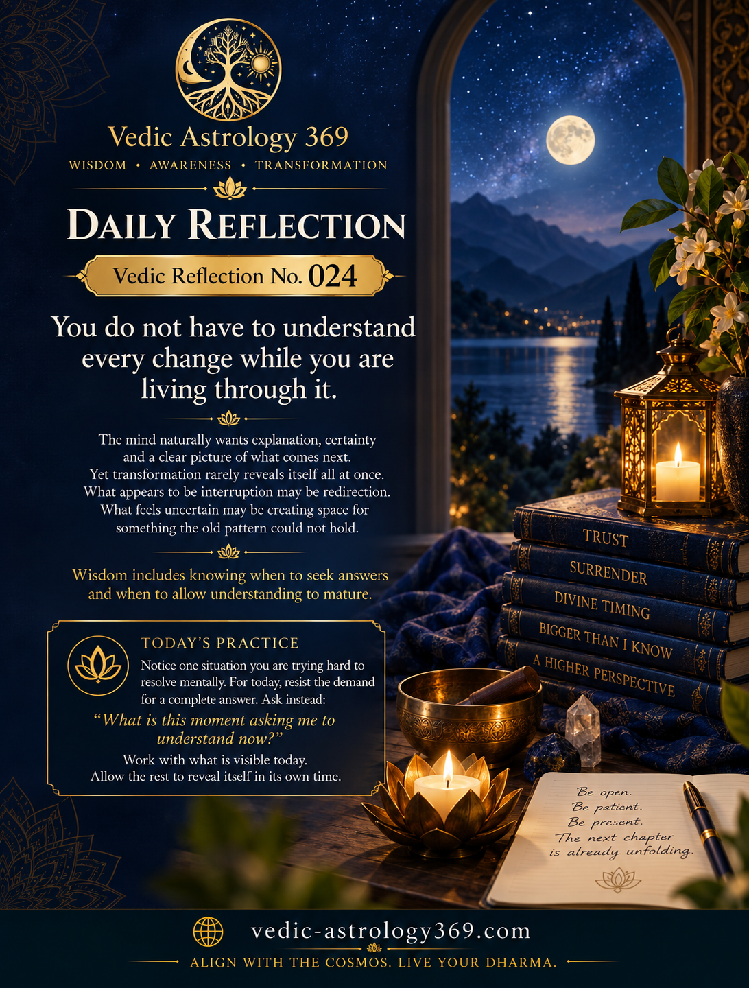 Vedic Reflection No.024 from Vedic Astrology 369 in deep indigo and gold, featuring a moonlit mountain lake, full moon, lantern, contemplative books, singing bowl and journal, accompanying a reflection on finding wisdom during uncertainty and change.