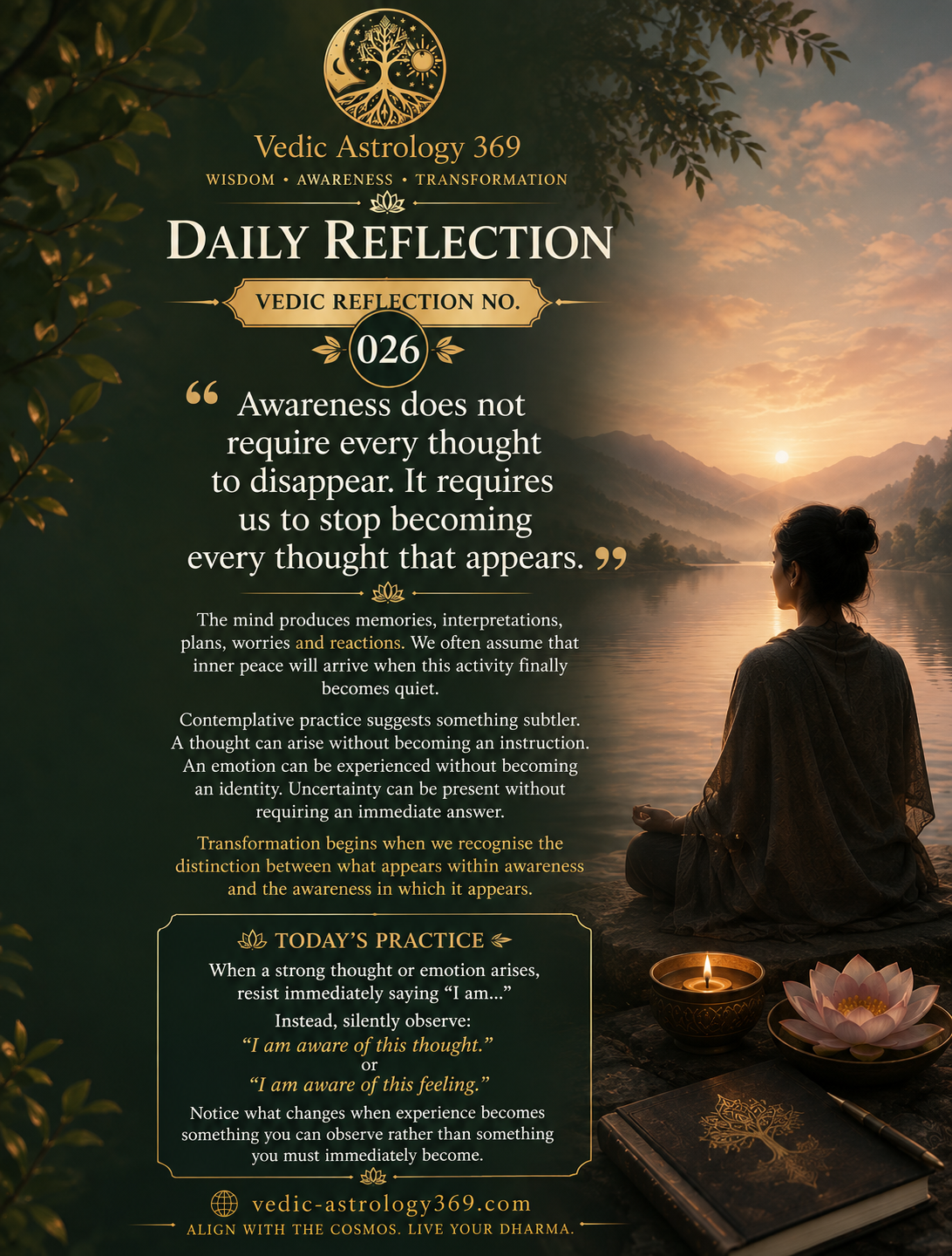 Vedic Reflection No.026 by Vedic Astrology 369, featuring a contemplative woman beside a mountain lake at sunset with a candle, lotus and journal, reflecting on observing thoughts and emotions through awareness rather than identifying with them.