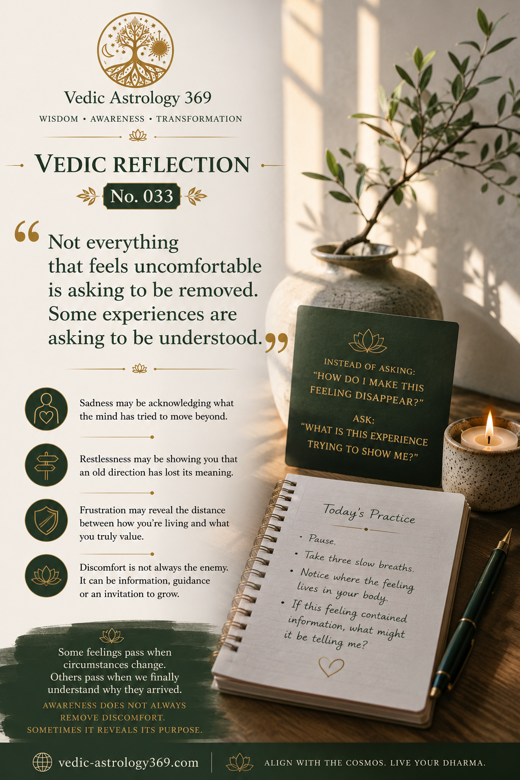 Vedic Reflection No.033 from Vedic Astrology 369, featuring a peaceful contemplative interior with a leafy plant, candle, reflection card and open journal, exploring how awareness can help us understand uncomfortable feelings rather than immediately trying to remove them.