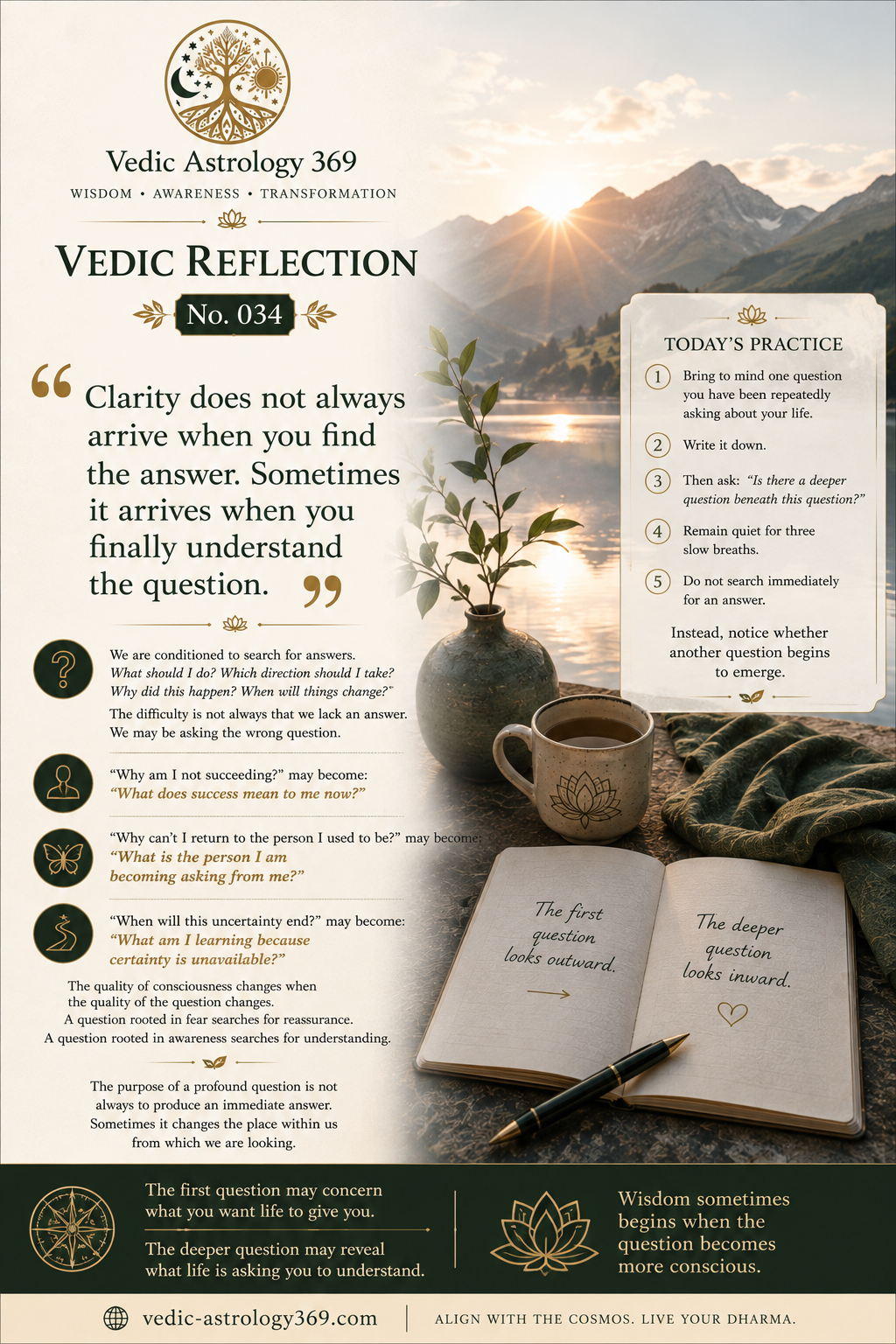 Vedic Reflection No.034 from Vedic Astrology 369, featuring a contemplative journal, cup, plant and mountain landscape at sunrise, exploring how deeper questions can shift awareness, understanding and the search for clarity.