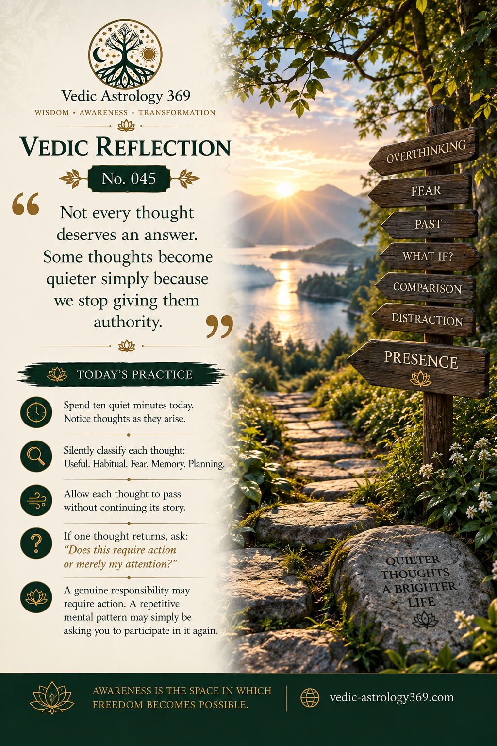 Vedic Reflection No.045 from Vedic Astrology 369, showing a woodland path and symbolic signpost pointing towards overthinking, fear, the past, comparison, distraction and presence, representing conscious choice about which thoughts deserve our attention.