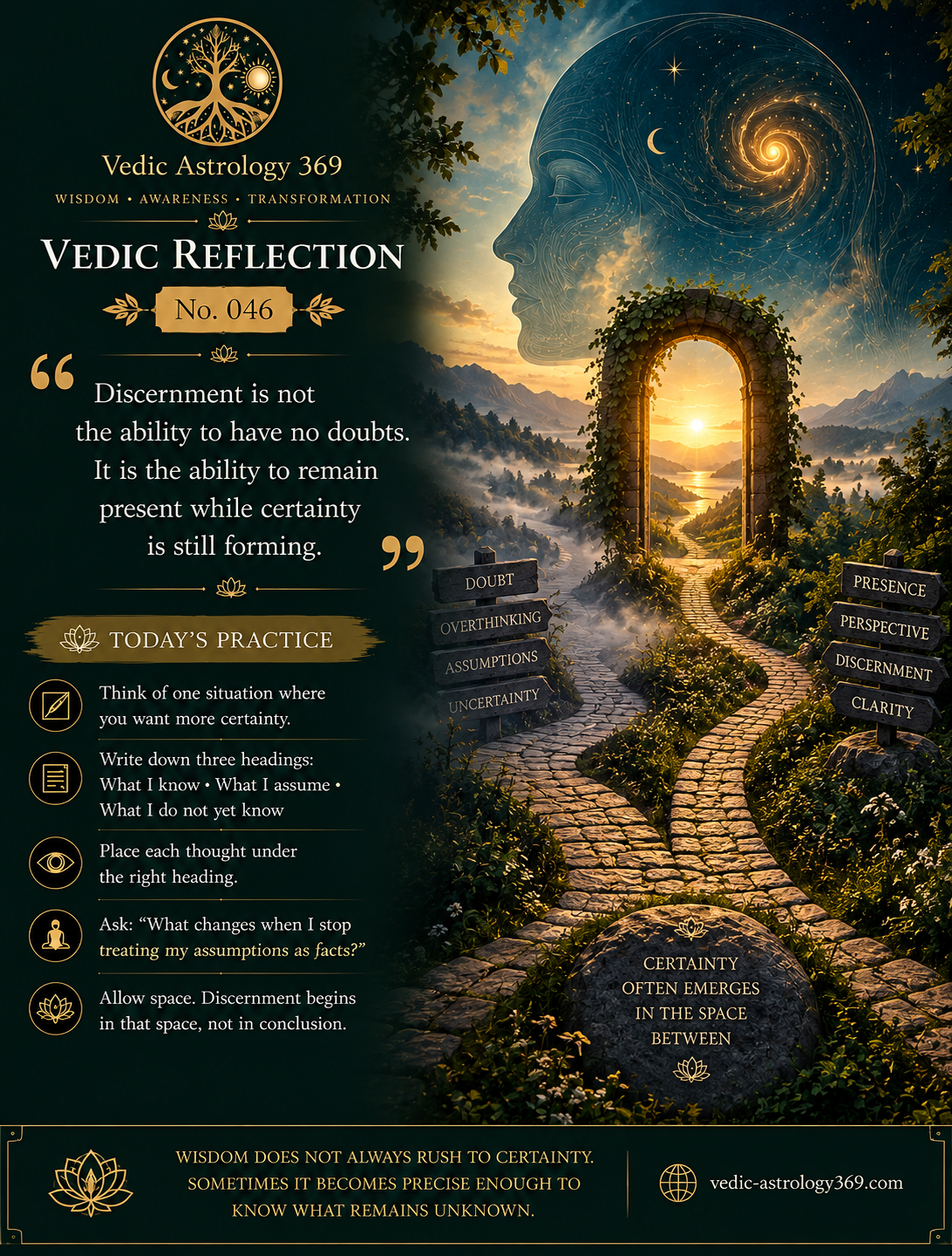 Vedic Reflection No.046 from Vedic Astrology 369, featuring a celestial human profile above divided stone paths leading towards an illuminated doorway, with symbolic signposts representing doubt, assumptions, uncertainty, presence, perspective, discernment and clarity.