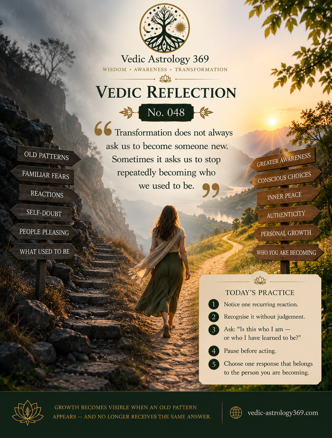Vedic Reflection No.048 from Vedic Astrology 369, showing a woman walking forward between signposts representing old patterns, familiar fears and self-doubt on one side, and greater awareness, conscious choices, authenticity and personal growth on the other.