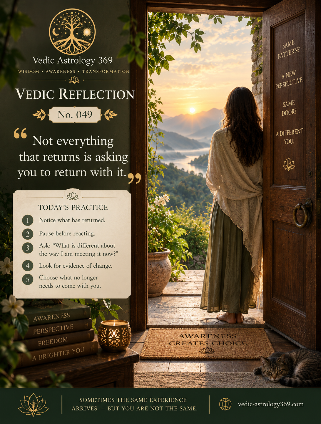 Vedic Reflection No.049 from Vedic Astrology 369, showing a woman standing at an open doorway overlooking a sunlit landscape, symbolising how a familiar experience can return while greater awareness allows us to meet it from a new perspective.