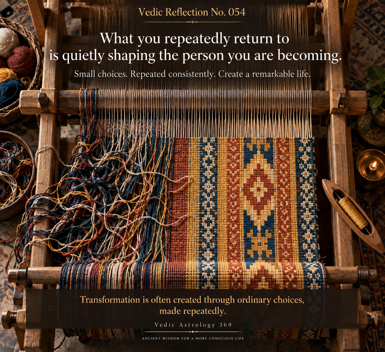 Vedic Reflection No.054 from Vedic Astrology 369, showing a traditional wooden loom where individual coloured threads gradually form a detailed woven pattern, symbolising how repeated conscious choices quietly shape who we become.