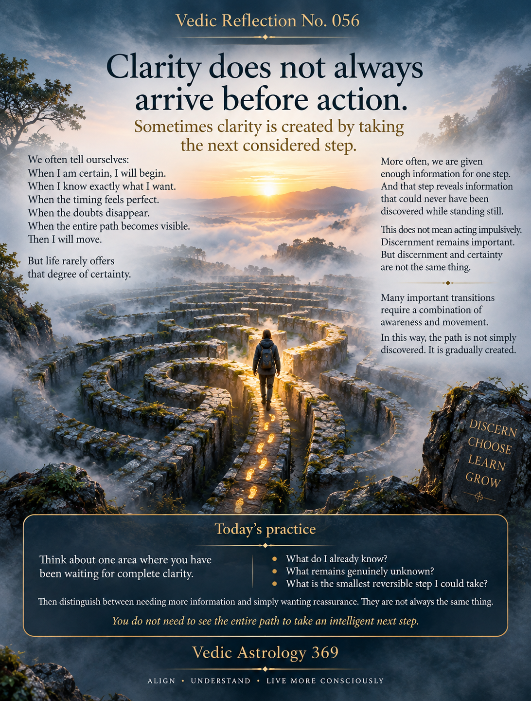 Vedic Reflection No.056 from Vedic Astrology 369, showing a lone traveller walking through a stone labyrinth above the clouds toward sunrise, symbolising how clarity can emerge through taking considered steps even when the entire path is not yet visible.