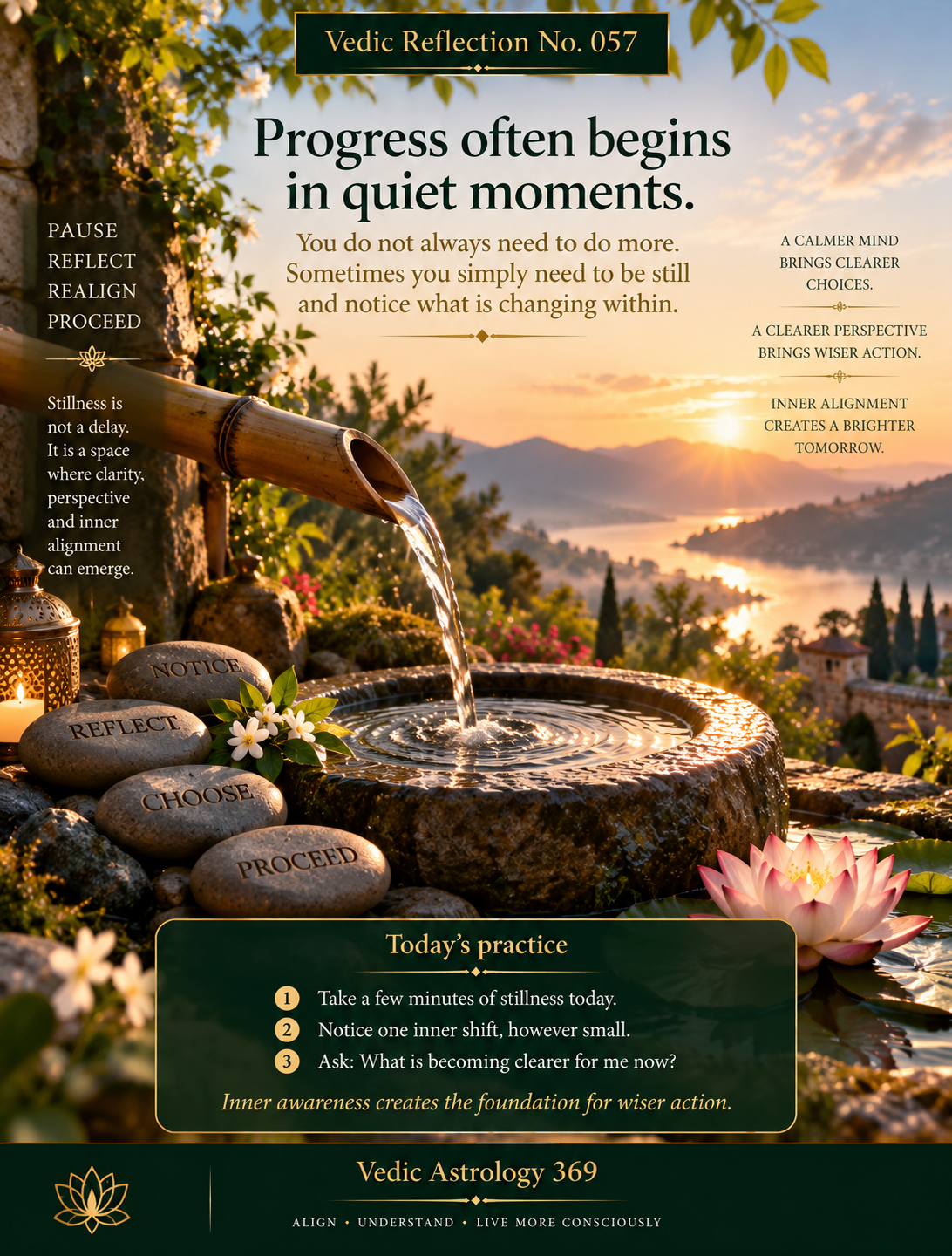 Vedic Reflection No.057 from Vedic Astrology 369, showing water flowing from a bamboo spout into a circular stone basin beside a lotus flower and engraved reflection stones, symbolising stillness, awareness and the way quiet reflection can lead to wiser action.