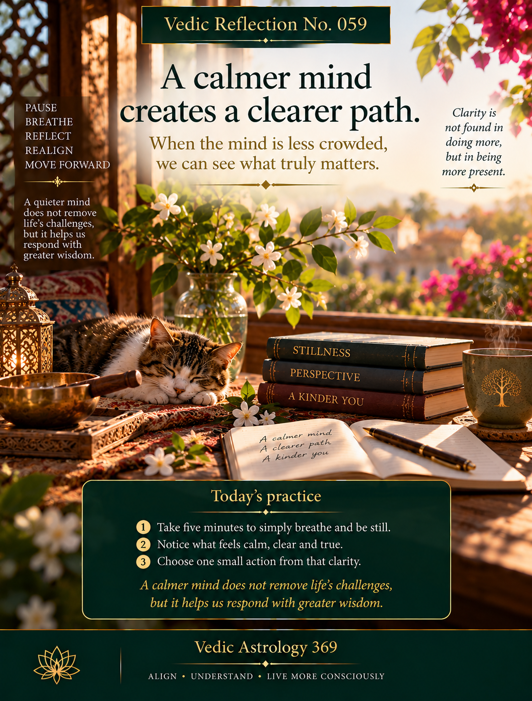 Vedic Reflection No.059 from Vedic Astrology 369 showing a peaceful sunlit garden setting with a sleeping cat, flowers and contemplative objects, symbolising how stillness and presence can create greater mental clarity.