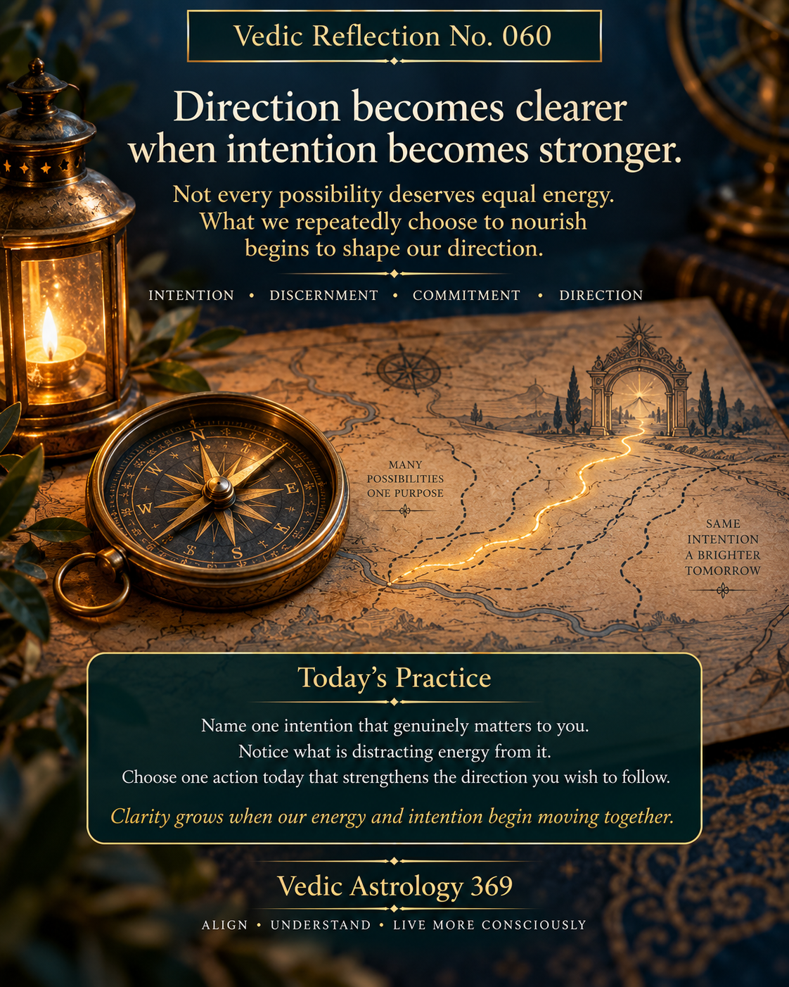 Vedic Reflection No.060 from Vedic Astrology 369 featuring an antique compass, lantern and map with several possible routes and one illuminated path, symbolising intention, discernment and conscious direction.