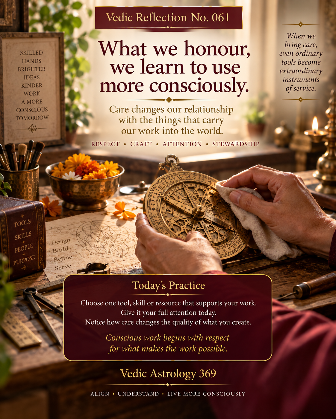 Vedic Reflection No.061 from Vedic Astrology 369 showing skilled hands carefully tending an ornate traditional instrument in a craftsman's workspace, symbolising respect, stewardship, conscious work and care for the tools that support our purpose.