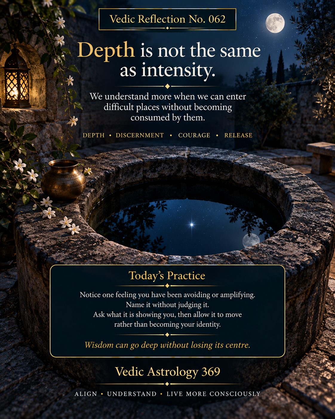 Vedic Reflection No.062 from Vedic Astrology 369 showing an ancient stone well beneath a moonlit sky, with the moon and stars reflected in still water, symbolising emotional depth, discernment and the ability to explore difficult experiences without becoming consumed by them.