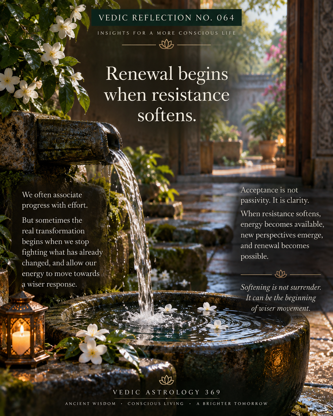 Vedic Reflection No.064 from Vedic Astrology 369 showing water flowing from an aged stone fountain into a peaceful garden basin surrounded by white flowers and warm sunlight, symbolising acceptance, softening resistance and renewal.