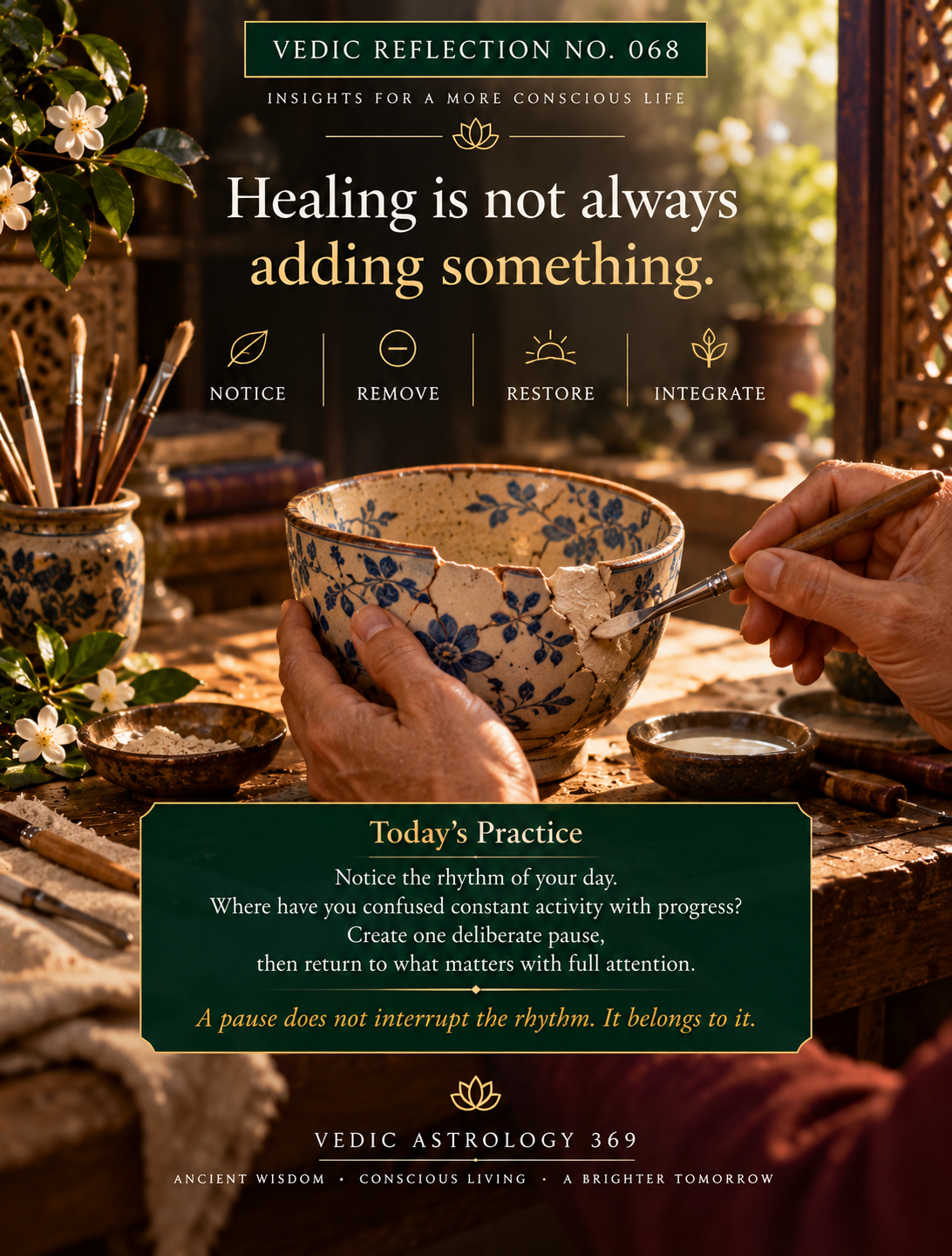 Vedic Reflection No.068 from Vedic Astrology 369, showing hands carefully restoring a cracked blue-and-cream ceramic bowl, symbolising healing through awareness, release, restoration and integration.