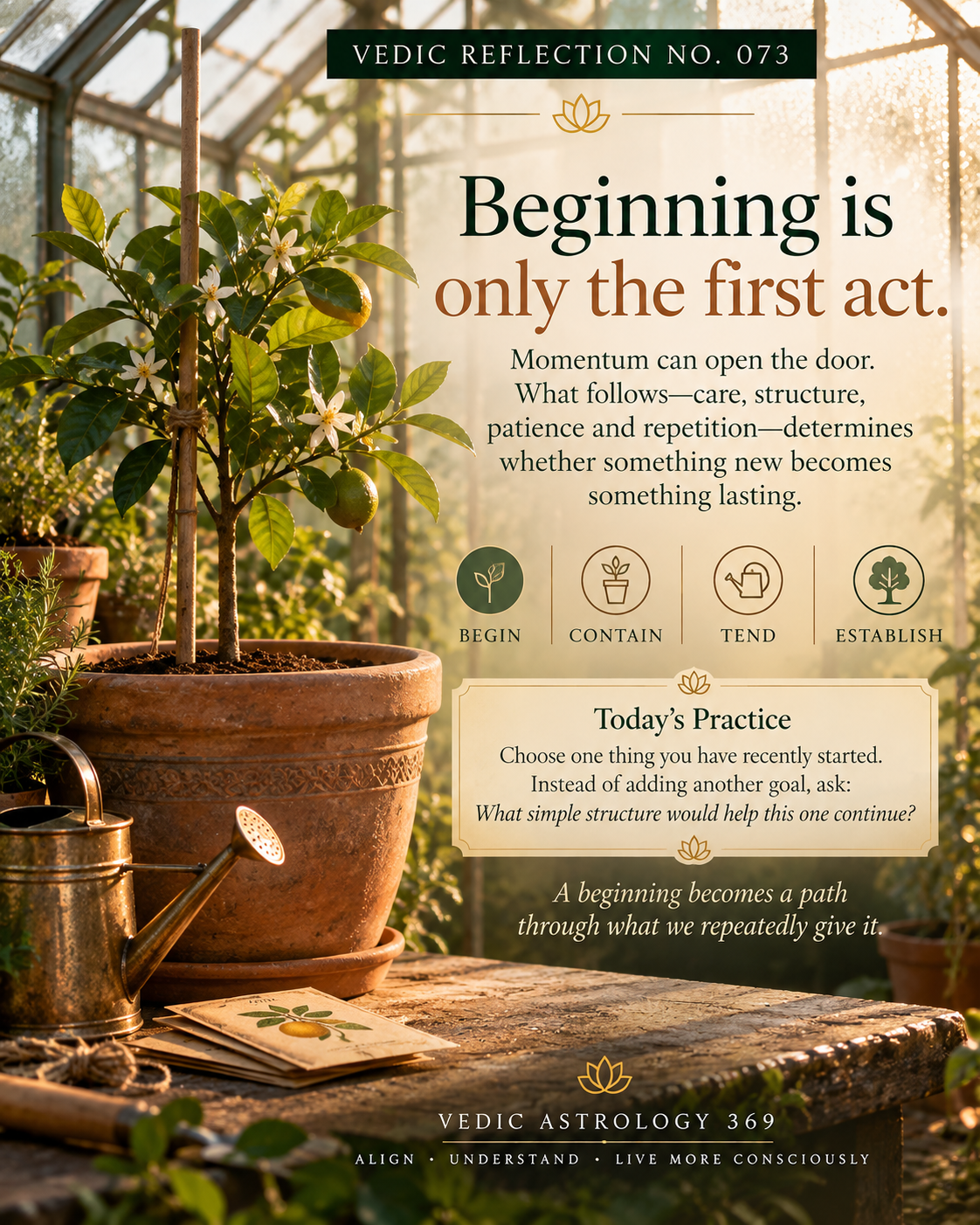 Vedic Reflection No.073 from Vedic Astrology 369, showing a young fruit tree growing in a terracotta pot inside a sunlit greenhouse, with a watering can nearby. The image illustrates how meaningful beginnings require continued care, patience, structure and consistency to become lasting growth.