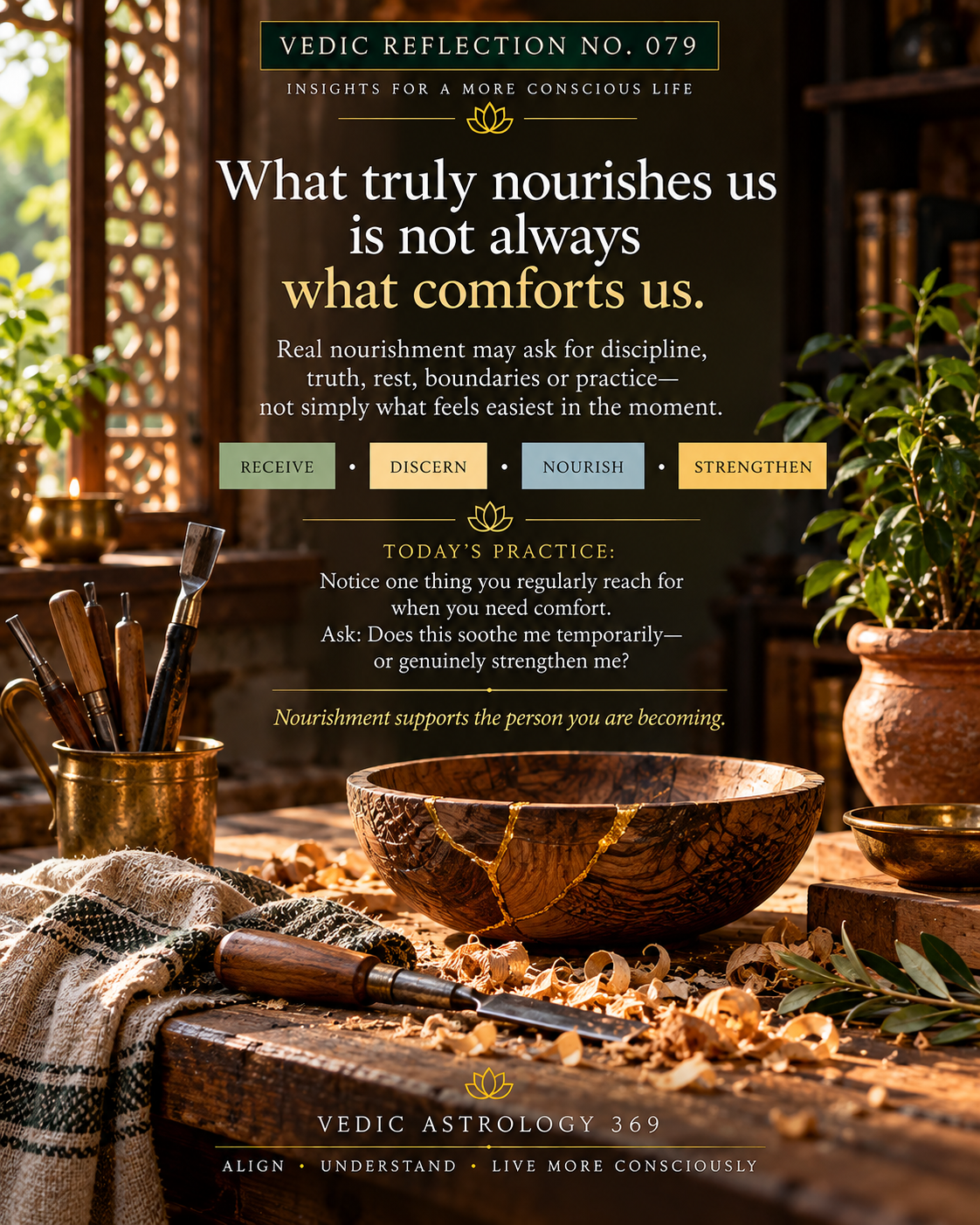 Vedic Reflection No.079 from Vedic Astrology 369, showing a carefully restored wooden bowl with golden repairs in a traditional craft workshop, surrounded by woodworking tools and warm natural light. The artwork illustrates how genuine nourishment may require patience, care and conscious effort rather than immediate comfort.