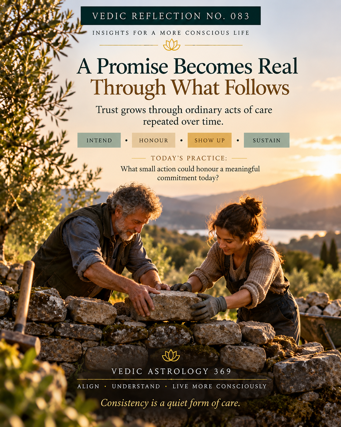 Vedic Reflection No.083 from Vedic Astrology 369, showing two people carefully building a stone wall together in golden evening light, symbolising how trust and meaningful commitments are strengthened through consistent actions and everyday care.